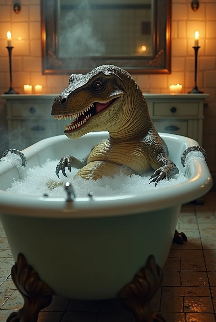A female humanoid T-Rex in a bathtub