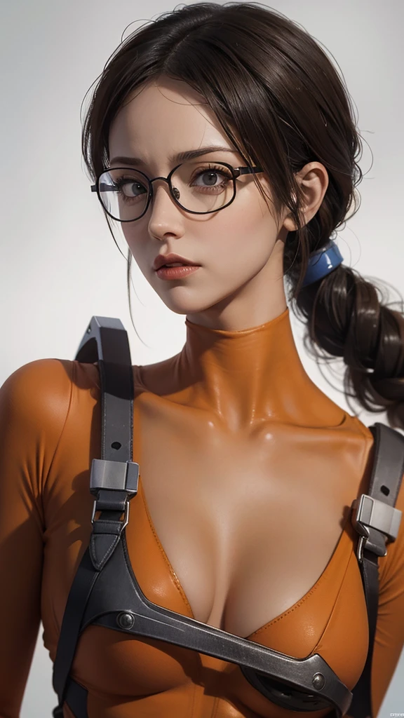 A close-up of a woman in an orange bodysuit and glasses, a character portrait done by a senior character artist, Zbrush Central Contest Winner, conceptual art, Tracer in a tight dress., Gordon Freeman as a woman, chell, extremely detailed artegerm, rendering in sfm, chell of the portal, ig model | artegerm, The character is in his natural pose.