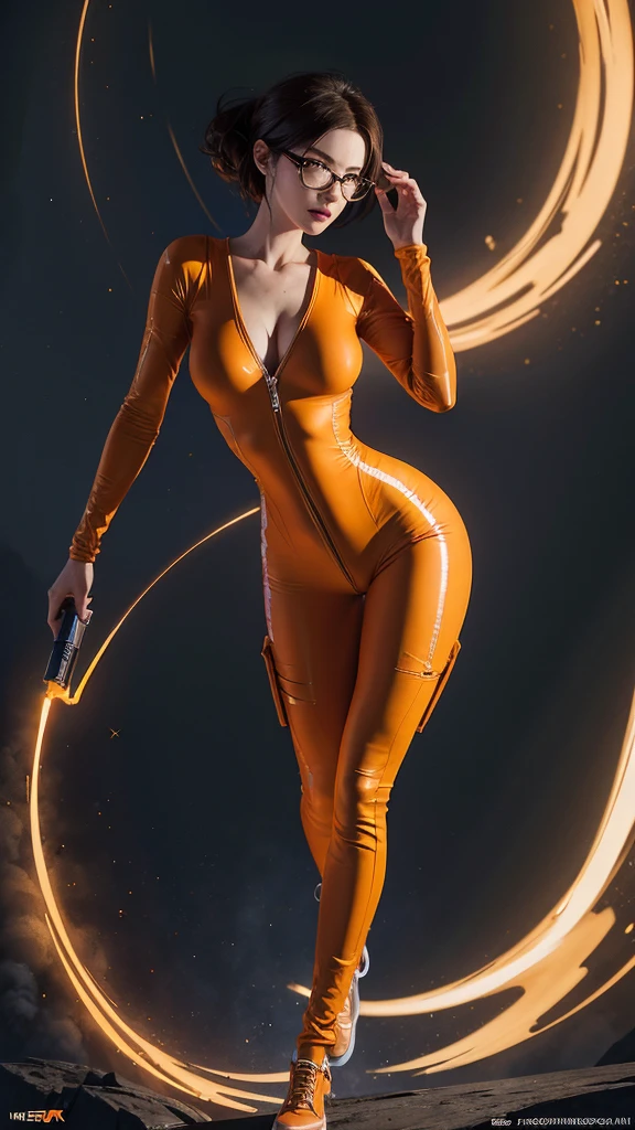 A close-up of a woman in an orange bodysuit and glasses, a character portrait done by a senior character artist, Zbrush Central Contest Winner, conceptual art, Tracer in a tight dress., Gordon Freeman as a woman, chell, extremely detailed artegerm, rendering in sfm, chell of the portal, ig model | artegerm, The character is in his natural pose.