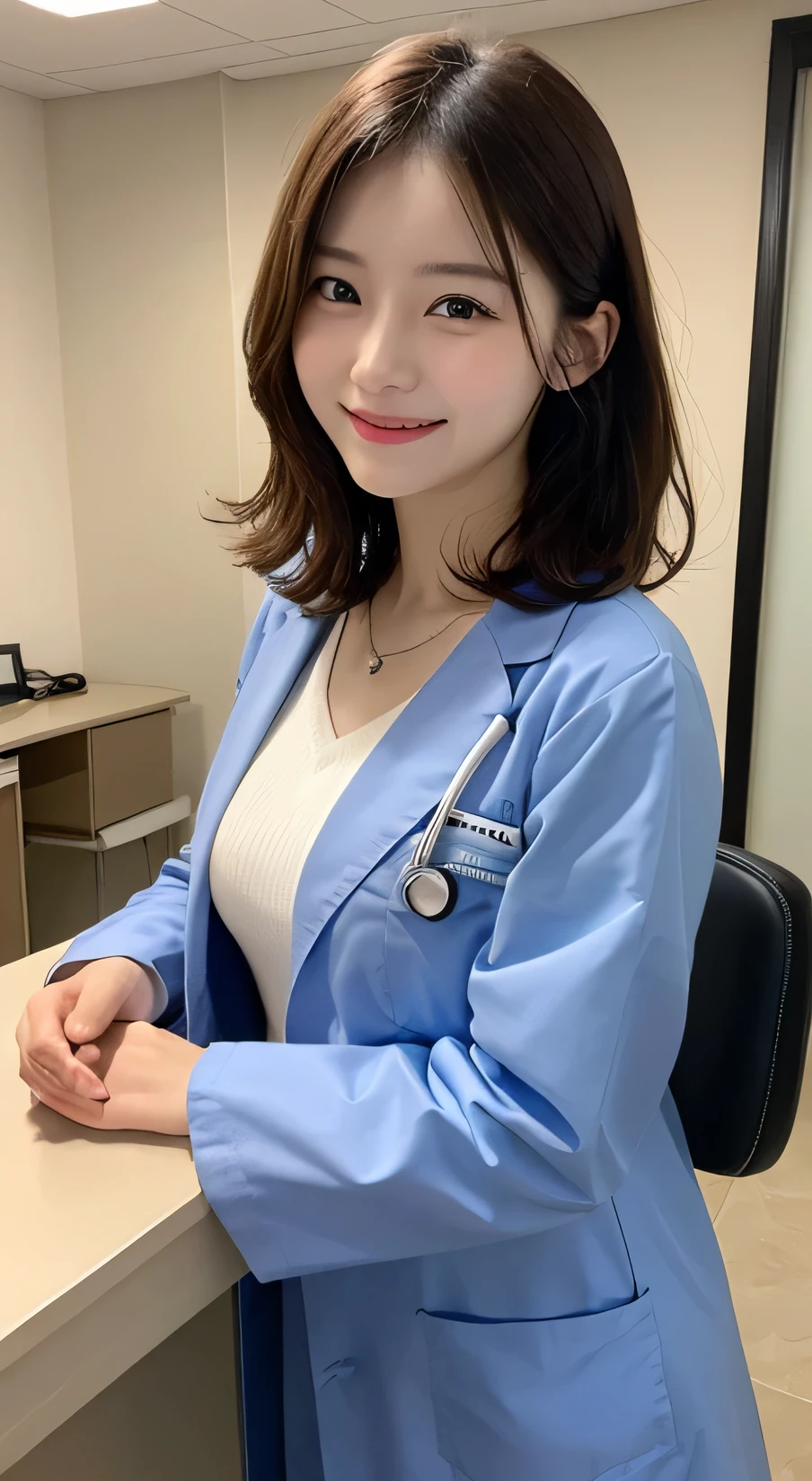 Tabletop, Highest quality, figure, Very detailed, In detail, High resolution, 8k wallpaper, Perfect dynamic composition, Beautiful attention to detail,Wavy Hair、 (short hair)、Small breasts, doctor coat、smile、cute、happy、sexy shot looking at camera,Perfect and beautiful face,24-years-old、Health Insurance Doctor、smile、Simple Necklace、Health Room