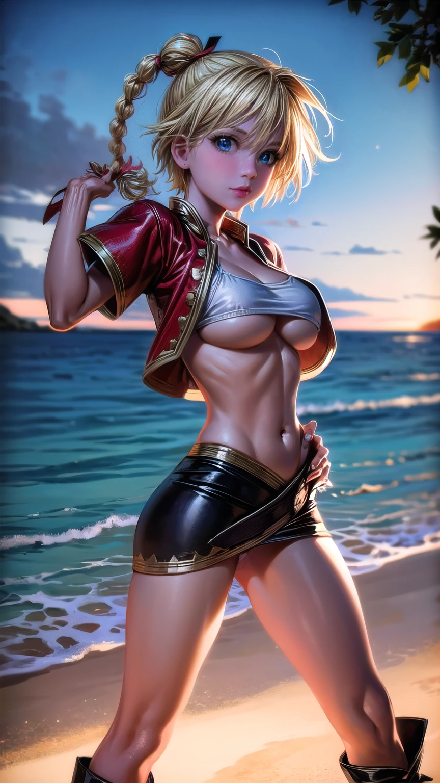 1 adult woman, character "kid" from chrono cross, 20 years old, yellow hair in a high braided ponytail, (medium bust:1.4),standing on white sandy beach, in various fighting poses, fitted jacket 3/4 cropped, white top under jacket, tight fitting micro skirt, loose leather boots, ankle wraps, detailed face, detailed eyes, detailed lips, highly detailed, 8k, ultra-detailed 90s era anime style, cinematic lighting, vivid colors, dramatic shadows, volumetric fog, masterpiece, award winning art, wide angle, (full length portrait), strong_negative, micrsk3rt, bikini underboob, navel, no bra 