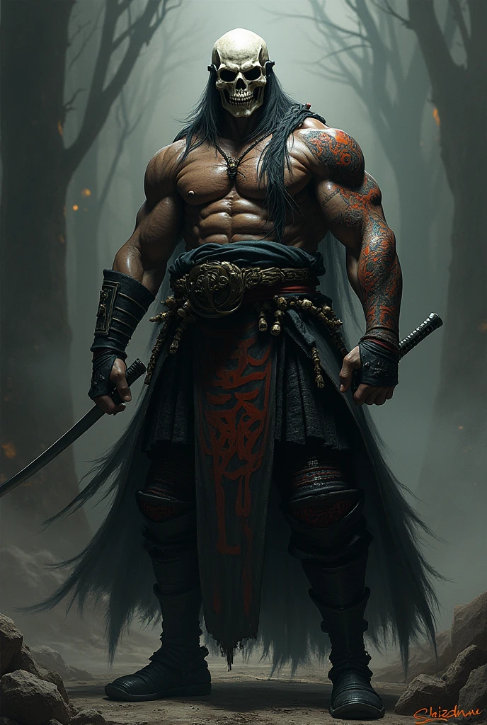 samurai skull with mask full body with 2 swords as tattoo on forearm