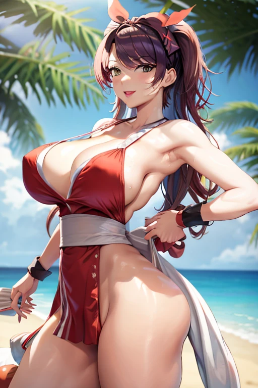 masterpiece, best quality, beautiful art, high resolution, well formed hands, body and fingers, 1 woman, solo, Ruka Sarashina, hair ribbon, red makeup, red lipstick,adult, grown up, cosplaying as Mai Shiranui , mai_shiranui_cosplay, adult, large and big breasted, cleavage, full body , hair ribbon, gorgeous legs and, thighs, sexy Japanese clothes, hair ornament , sexy and bare legs , hips and thighs, panties peek, she is doing exercise at the beach, seductive face, warming up, working out, sexy and captivating training, smiling joyfully and happily , looking at the viewer, close up on her bouncing breasts and bare legs and thighs, sweating , bouncing breasts, training montage session, beach environment