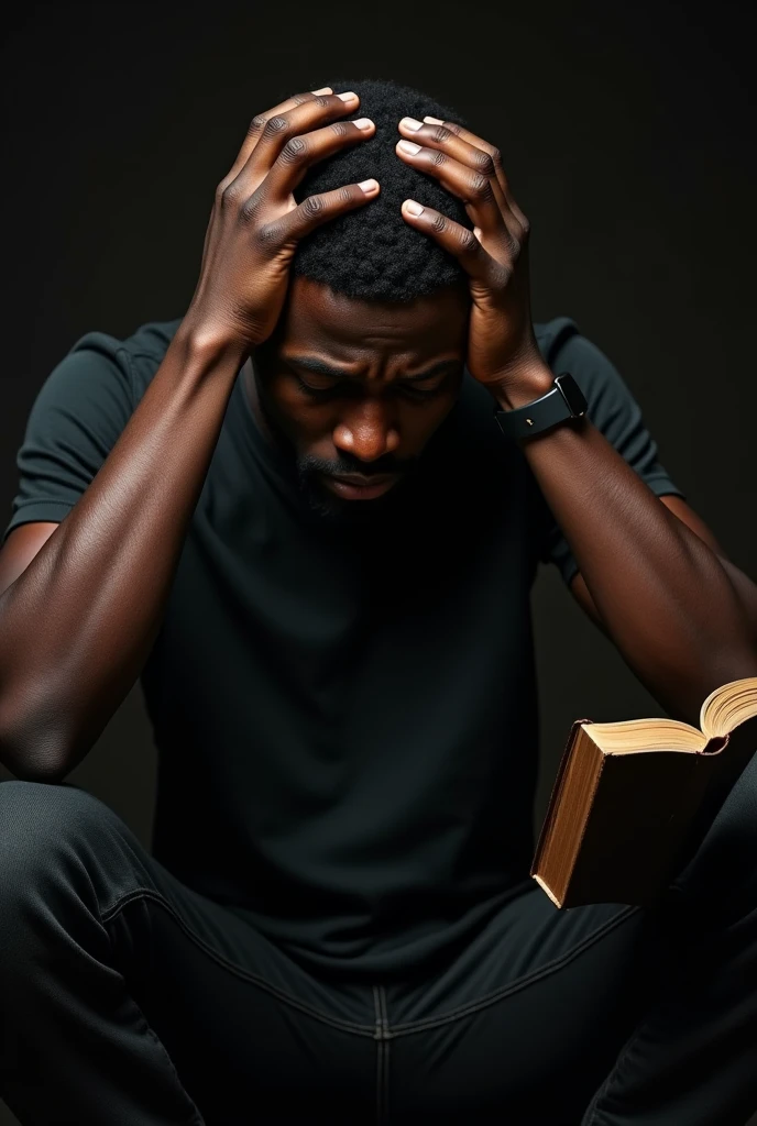 young black man, sitting crying with his hands on his head, and in one hand a bible