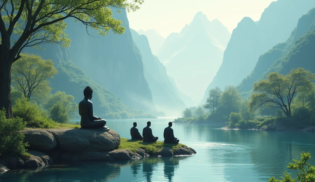 Beautiful nature, river, Buddha sit on the stone, four monks seats below the stone, beautiful view 