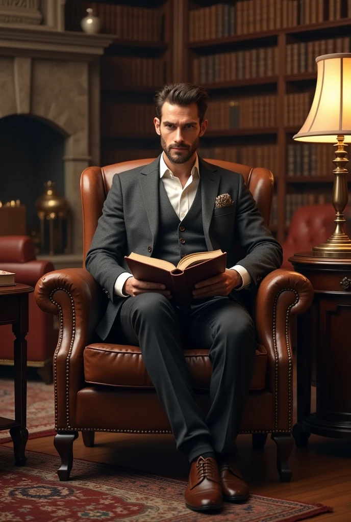 In a classic and welcoming environment, a man stands out with subtle elegance and a serious presence. He is dressed in a stylish gray cashmere sweater., layered over a white collared shirt and dark wool trousers. His well-polished brown leather shoes and a matching leather belt complete the sophisticated look..
The environment around you is an old library, with bookshelves filled with leather-bound books and a large stone fireplace. The furniture is dark, rich wood., with comfortable leather armchairs and an ornate reading table with a copper lamp. The lighting is soft and warm, coming from lampshades and fireplace light, creating an atmosphere of tranquility and reflection. The man is sitting in an armchair, with an open book in his hands and an expression of calm concentration, reflecting a combination of intellectuality and refinement.