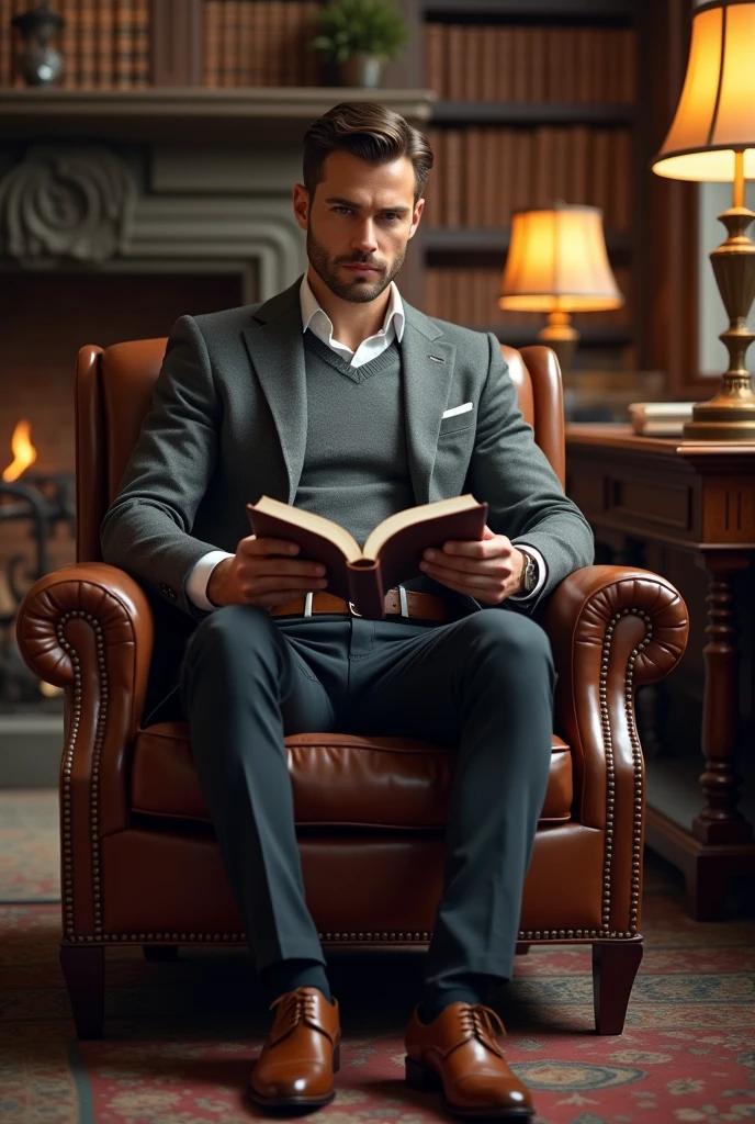 In a classic and welcoming environment, a man stands out with subtle elegance and a serious presence. He is dressed in a stylish gray cashmere sweater., layered over a white collared shirt and dark wool trousers. His well-polished brown leather shoes and a matching leather belt complete the sophisticated look..
The environment around you is an old library, with bookshelves filled with leather-bound books and a large stone fireplace. The furniture is dark, rich wood., with comfortable leather armchairs and an ornate reading table with a copper lamp. The lighting is soft and warm, coming from lampshades and fireplace light, creating an atmosphere of tranquility and reflection. The man is sitting in an armchair, with an open book in his hands and an expression of calm concentration, reflecting a combination of intellectuality and refinement.