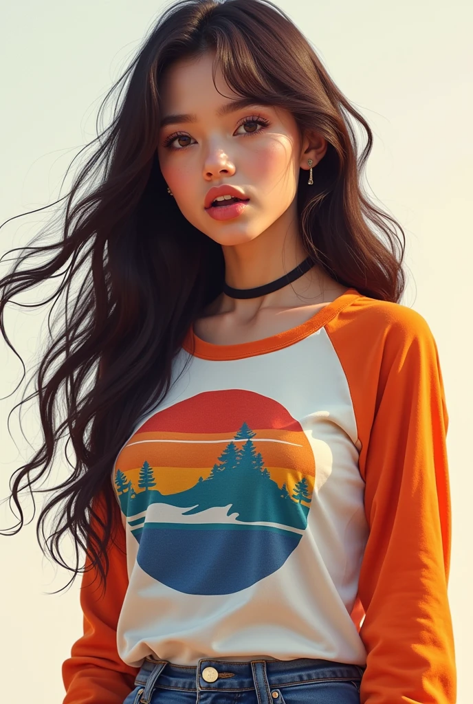 (work of art, best qualityer), 1 girl, beautiful face, gwendolyn_Tennyson, breastsout, (1 girl, standing alone:1.3),, blank background,, Kale, medium shot, trunk, face detailed,ssmile, gaping mouth, long sleeves, Ragla sleeves, ,multicolored shirt, tongue out, graphic shirt,