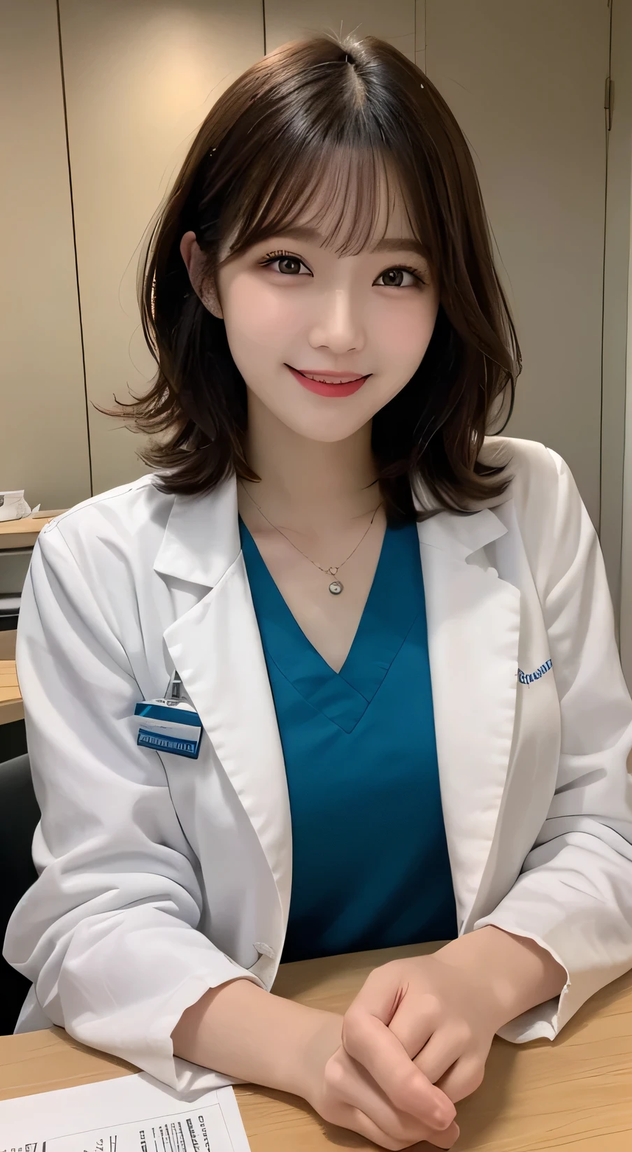 Tabletop, Highest quality, figure, Very detailed, In detail, High resolution, 8k wallpaper, Perfect dynamic composition, Beautiful attention to detail,Wavy Hair、 (short hair)、Small breasts, doctor coat、smile、cute、happy、sexy shot looking at camera,Perfect and beautiful face,24-years-old、Health Insurance Doctor、smile、Simple Necklace、Health Room