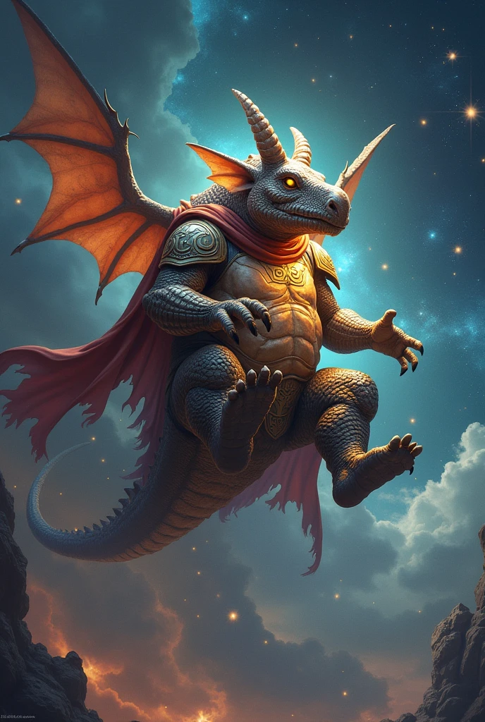 Create the image of a Brazilian animal armadillo, now make it mega powerful, make it look like a natural armadillo, but wearing a hero's cape. Make him a lord of the universe, make him fly over galaxies sitting cross-legged. mer. AINDA mer. It looks like a dragon, make it more like TATU
