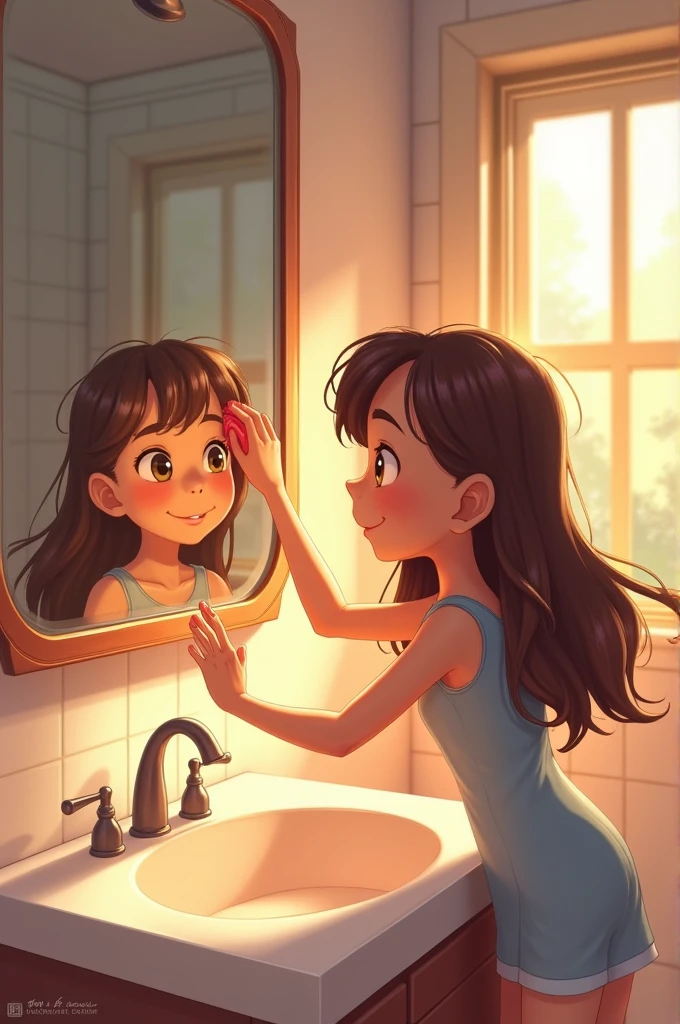A girl Samantha Cleaning the Mirror:
