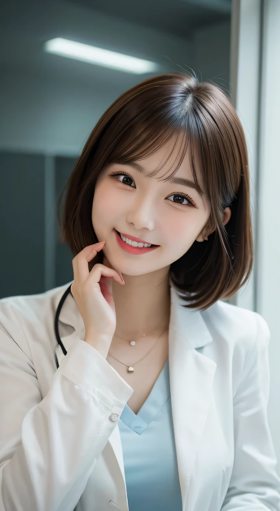 Tabletop, Highest quality, figure, Very detailed, In detail, High resolution, 8k wallpaper, Perfect dynamic composition, Beautiful attention to detail,Wavy Hair、 (short hair)、Small breasts, doctor coat、smile、cute、happy、sexy shot looking at camera,Perfect and beautiful face,24-years-old、Health Insurance Doctor、smile、Simple Necklace、Health Room