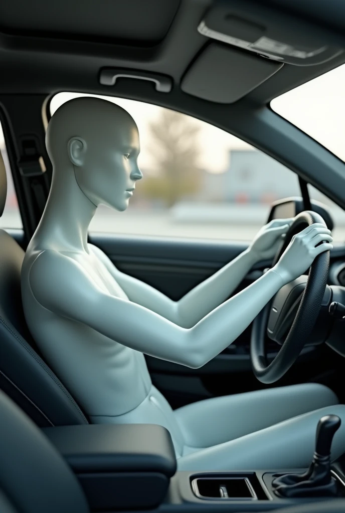 A white male mannequin driving a car 