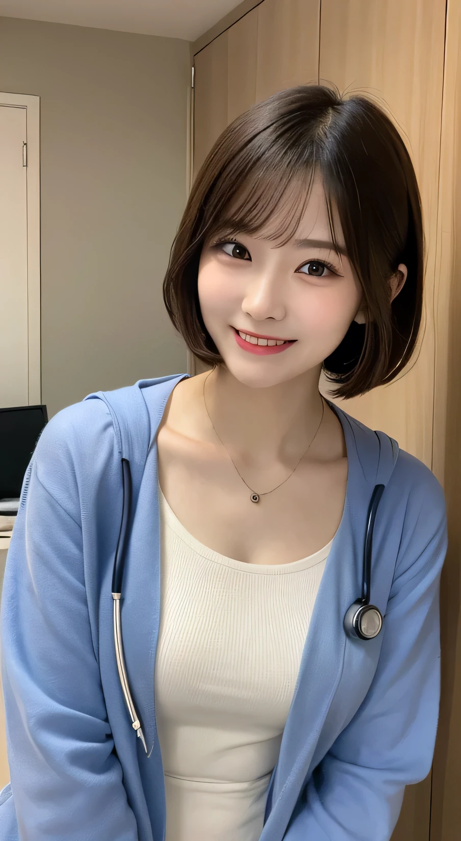 Tabletop, Highest quality, figure, Very detailed, In detail, High resolution, 8k wallpaper, Perfect dynamic composition, Beautiful attention to detail,Wavy Hair、 (short hair)、Small breasts, doctor coat、smile、cute、happy、sexy shot looking at camera,Perfect and beautiful face,24-years-old、Health Insurance Doctor、smile、Simple Necklace、Health Room