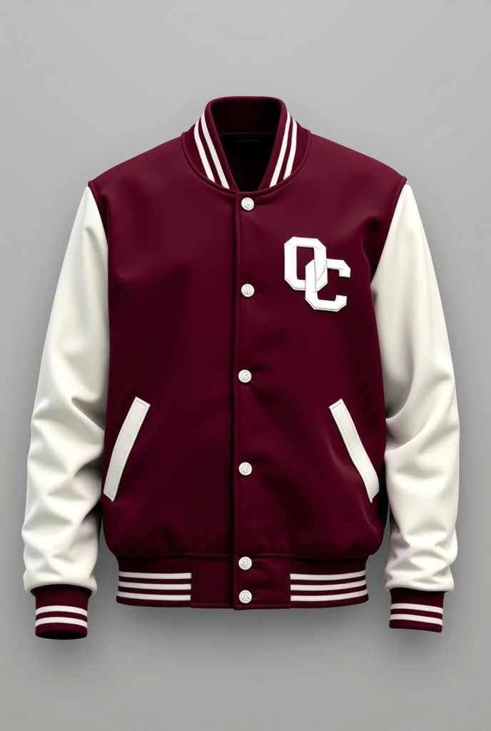 Create a wine-colored baseball jacket with white sleeves, with the letters of " QC" white color and the letters are located on the upper left side vertically with cotton materials