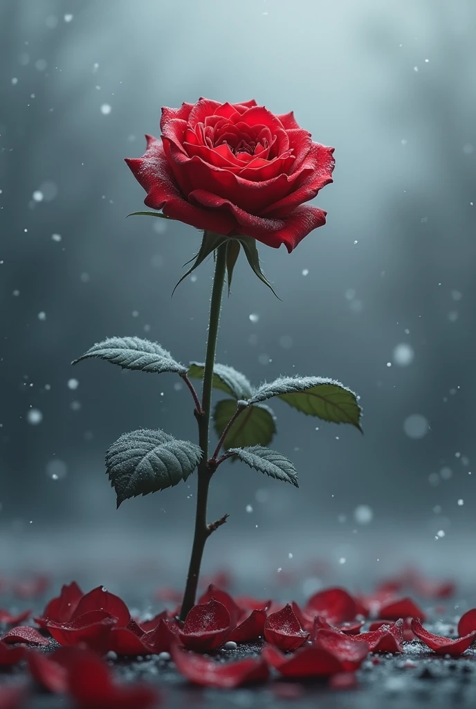 A red rose with petals falling in a cold atmosphere