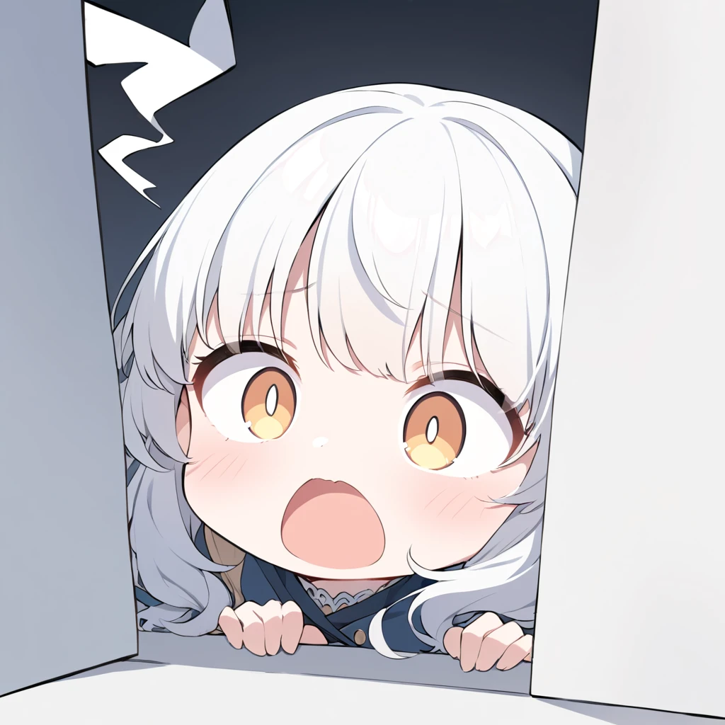 white hair,Little Lori,Hiding in the corner,Peeping with a shocked look on his face