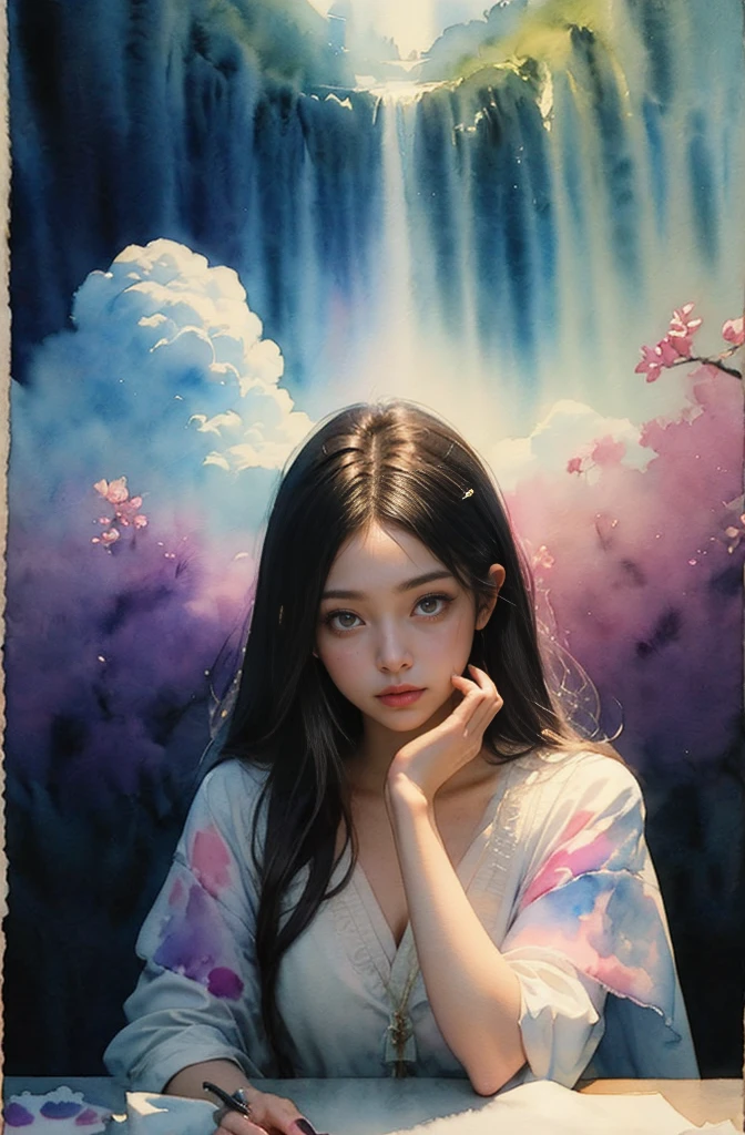 (Tabletop, Highest qualityの, Highest quality, Official Art, (beautifully、aesthetic:1.4), (Watercolor:1.4) ), (Izanami 1.5), 日本のgod話の女god, Majestic beauty, 創造の女god、生命の女god、Typically、((((Typically))))、Reincarnation Support, god'Grace, Gentle and meditative expressions, Flowing, celestial garments, Shine、Created all the landscapes and worlds on Earth, A dazzling dance of light, Whispers of Ancient Legends,god秘的な着物姿、Full moon in the upper left of the background、Night view、hair ornaments