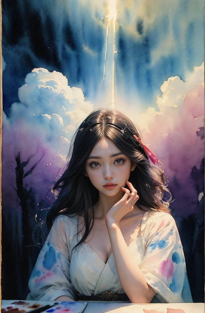 (Tabletop, Highest qualityの, Highest quality, Official Art, (beautifully、aesthetic:1.4), (Watercolor:1.4) ), (Izanami 1.5), 日本のgod話の女god, Majestic beauty, 創造の女god、生命の女god、Typically、((((Typically))))、Reincarnation Support, god'Grace, Gentle and meditative expressions, Flowing, celestial garments, Shine、Created all the landscapes and worlds on Earth, A dazzling dance of light, Whispers of Ancient Legends,god秘的な着物姿、Full moon in the upper left of the background、Night view、hair ornaments