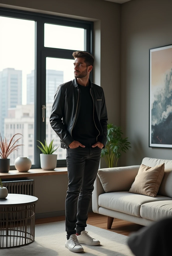 In an urban and contemporary setting, a man displays an uncomplicated elegance and a captivating seriousness. He is dressed in a fitted black leather jacket, a high quality t-shirt and well-cut dark jeans. His white sneakers have a minimalist and sophisticated design., adding a modern touch to the look.
The surroundings are a modern loft with stunning city views through large floor-to-ceiling windows.. The space is decorated with industrial design furniture, like a metal coffee table and a neutral fabric sofa. Decorative elements such as abstract artwork and plants in ceramic pots complement the environment.
The man is standing near the window, looking out with a contemplative and thoughtful expression. Natural daylight gently illuminates the environment, highlighting the contrast between the urban style and the sophisticated lifestyle of man. The scene conveys a sense of confidence, modernity and an appreciation for elegant simplicity.
