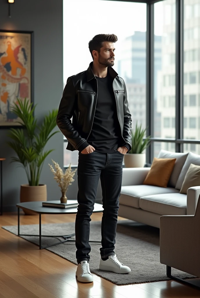 In an urban and contemporary setting, a man displays an uncomplicated elegance and a captivating seriousness. He is dressed in a fitted black leather jacket, a high quality t-shirt and well-cut dark jeans. His white sneakers have a minimalist and sophisticated design., adding a modern touch to the look.
The surroundings are a modern loft with stunning city views through large floor-to-ceiling windows.. The space is decorated with industrial design furniture, like a metal coffee table and a neutral fabric sofa. Decorative elements such as abstract artwork and plants in ceramic pots complement the environment.
The man is standing near the window, looking out with a contemplative and thoughtful expression. Natural daylight gently illuminates the environment, highlighting the contrast between the urban style and the sophisticated lifestyle of man. The scene conveys a sense of confidence, modernity and an appreciation for elegant simplicity.