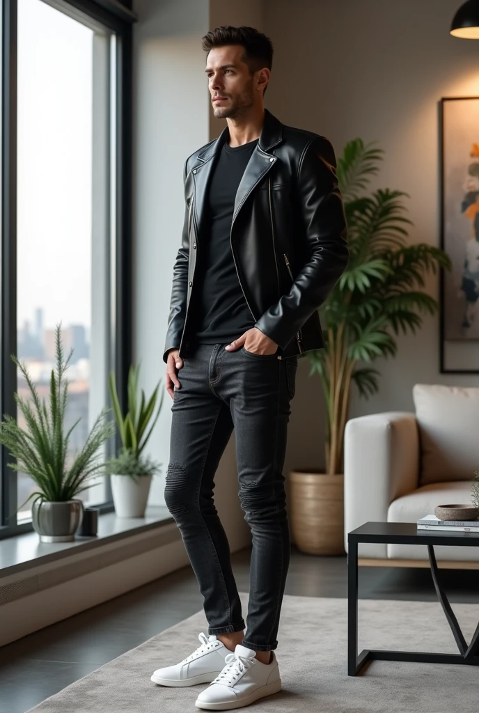 In an urban and contemporary setting, a man displays an uncomplicated elegance and a captivating seriousness. He is dressed in a fitted black leather jacket, a high quality t-shirt and well-cut dark jeans. His white sneakers have a minimalist and sophisticated design., adding a modern touch to the look.
The surroundings are a modern loft with stunning city views through large floor-to-ceiling windows.. The space is decorated with industrial design furniture, like a metal coffee table and a neutral fabric sofa. Decorative elements such as abstract artwork and plants in ceramic pots complement the environment.
The man is standing near the window, looking out with a contemplative and thoughtful expression. Natural daylight gently illuminates the environment, highlighting the contrast between the urban style and the sophisticated lifestyle of man. The scene conveys a sense of confidence, modernity and an appreciation for elegant simplicity.