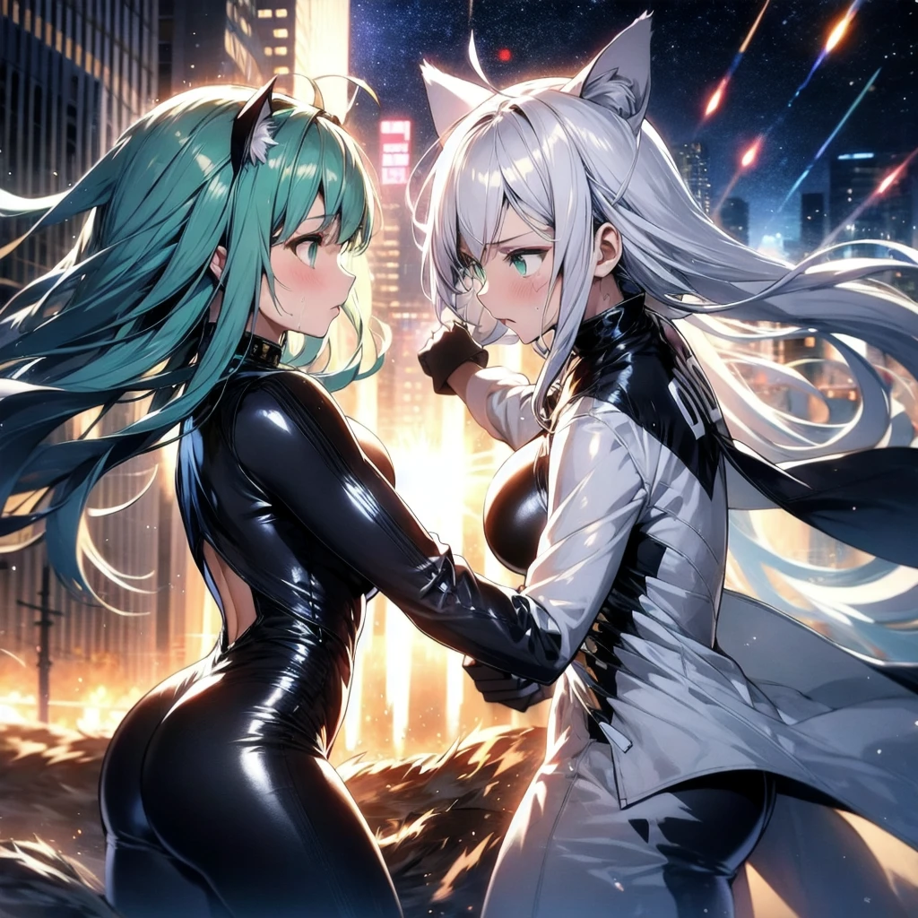 A silver-haired beautiful girl with cat ears eyes are green hair is silver and long Clothes: a form-fitting black combat suit The fist is an afterimage The background is a city at night The year is 14 years monitor,dark nighit,sweat,Steam of exhalation,space, battle,dynamic angle, dynamic pose