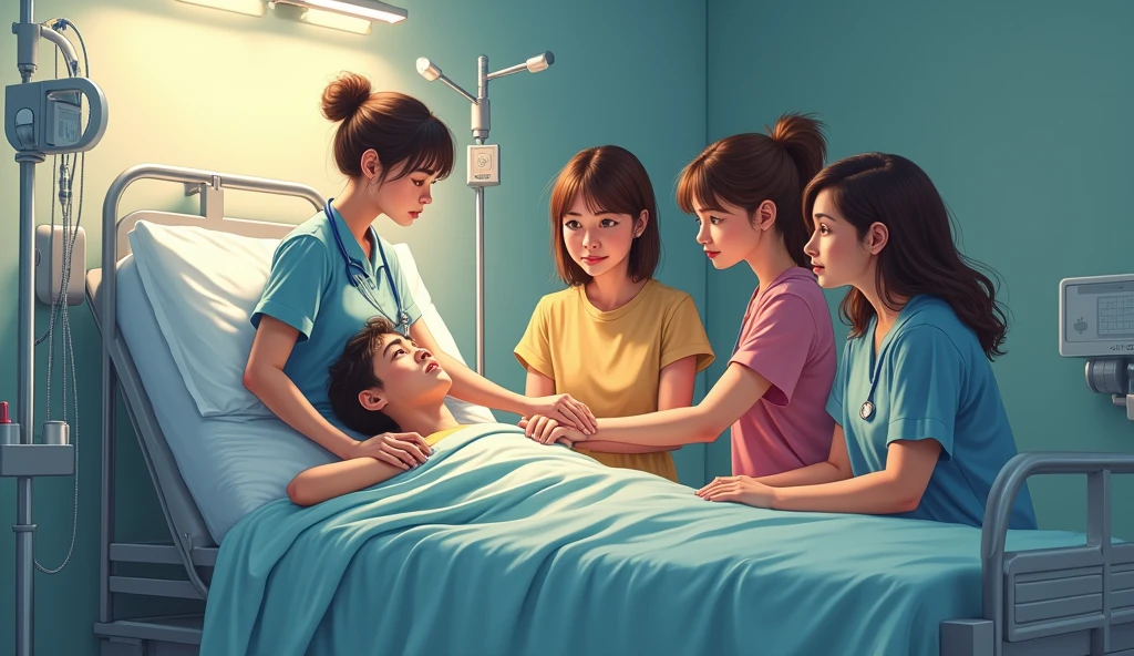 young male patient, nurse and a 4 woman next to them