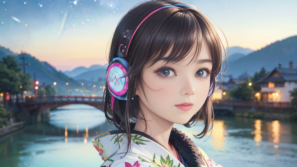(Highest quality, 8k, masterpiece, High resolution), (whole body), Vibrant colors, ((wireless headphones, wearing wireless headphones)), Brown-black bob, Traditional round topknot, Ample breasts, (Highly detailed face and eyes, Beautiful Face, Beautiful Eyes, Beautiful nose, Pretty lips), (Beautiful woman standing on a riverside observation deck), A friendly gaze, Oh! Facial expression that, (Vivid floral patterned kimono), Official Art, The background is a wide river, Nearby bridge, Riverside streetscape, Mountains in the distance, ((night, starry sky)), Detailed CG,