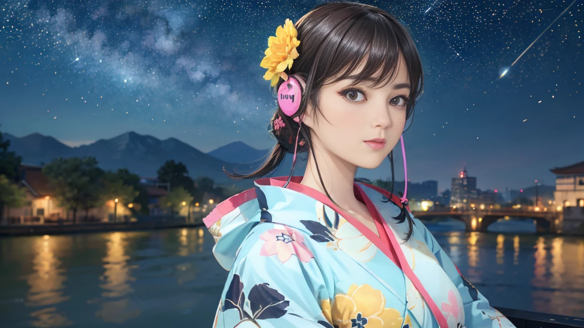 (Highest quality, 8k, masterpiece, High resolution), (whole body), Vibrant colors, ((wireless headphones, wearing wireless headphones)), Brown-black bob, Traditional round topknot, Ample breasts, (Highly detailed face and eyes, Beautiful Face, Beautiful Eyes, Beautiful nose, Pretty lips), (Beautiful woman standing on a riverside observation deck), A friendly gaze, Oh! Facial expression that, (Vivid floral patterned kimono), Official Art, The background is a wide river, Nearby bridge, Riverside streetscape, Mountains in the distance, ((night, starry sky)), Detailed CG,