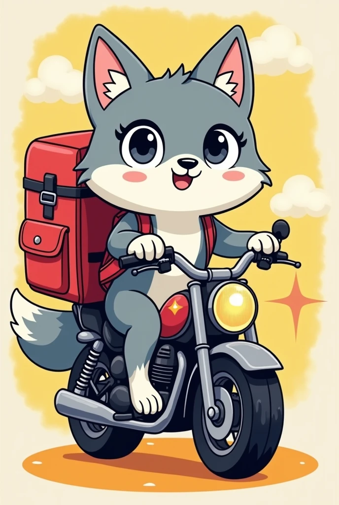 believe me modelsheet of a wolf with delivery backpack riding a motorcycle kawaii cartoon style