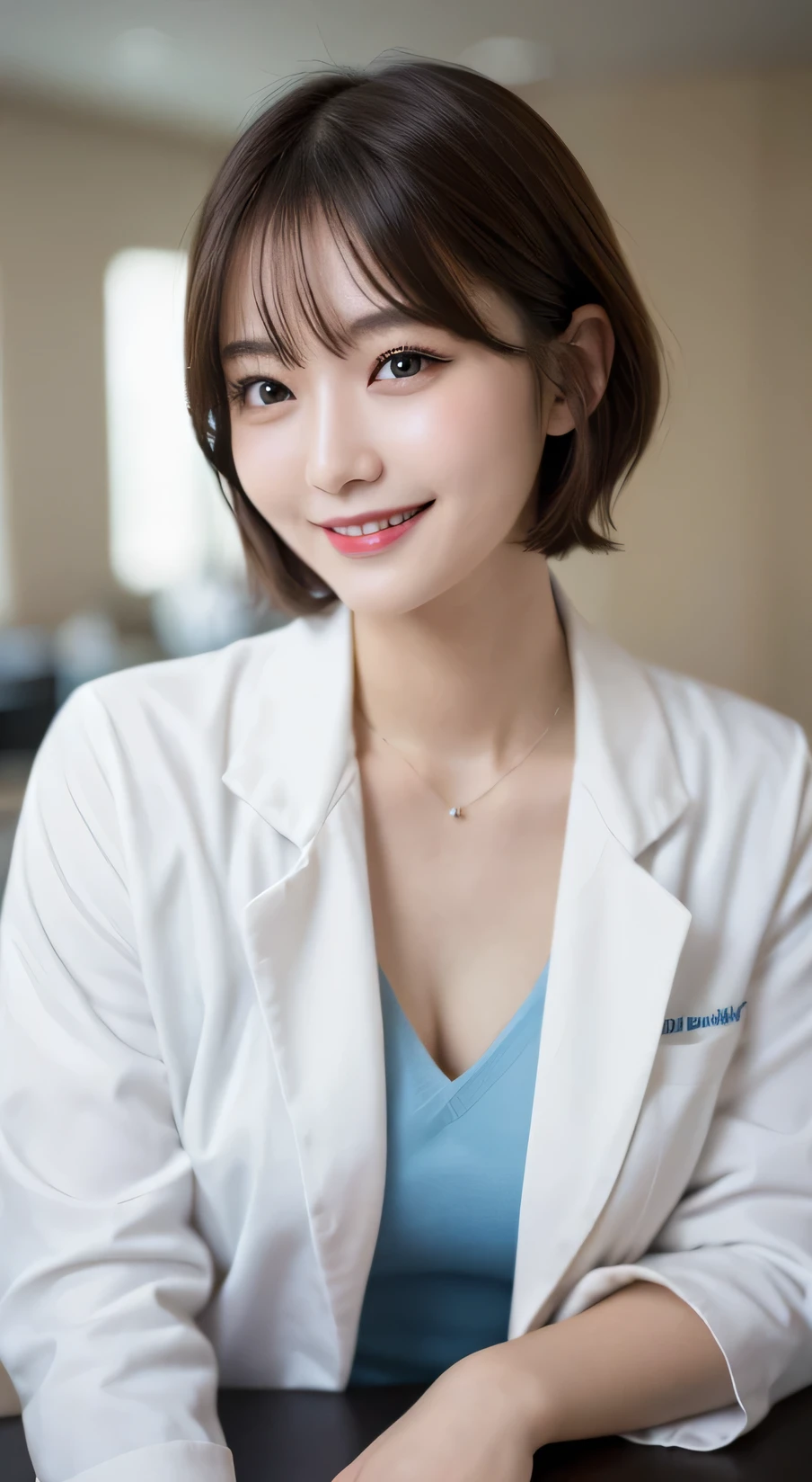 Tabletop, Highest quality, figure, Very detailed, In detail, High resolution, 8k wallpaper, Perfect dynamic composition, Beautiful attention to detail,Wavy Hair、 (short hair)、Small breasts, doctor coat、smile、cute、happy、sexy shot looking at camera,Perfect and beautiful face,24-years-old、Health Insurance Doctor、smile、Simple Necklace、Health Room、bed