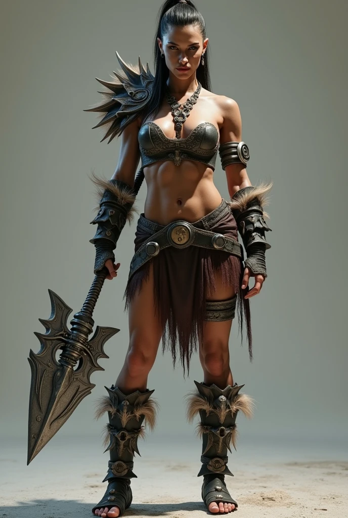 Standing cartoon design of the game character, female orc, naked with leather armor parts, sturdy limbs, strong muscles, barefoot, holding a huge barbed staff, different layers overlapping, different angles, (back on the whole body: 1.4), solid color scenery, clean backdrop, depth of field, high light, real light, ray tracing, OC renderer, UE5 renderer, hyperrealistic, best quality, 8K, master works, super fine, pubic hair detailed, correct anatomy,