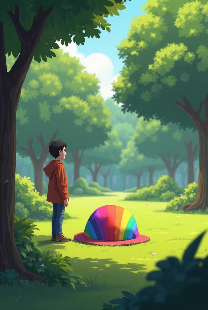 Stand next to a fallen hat、. Background is park.、Rainbow hat