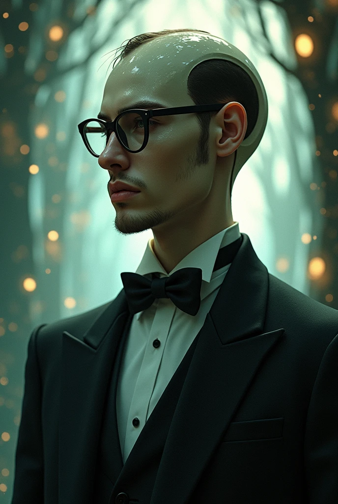 Man in elegant suit, with crescent-shaped head with glasses, fantasy