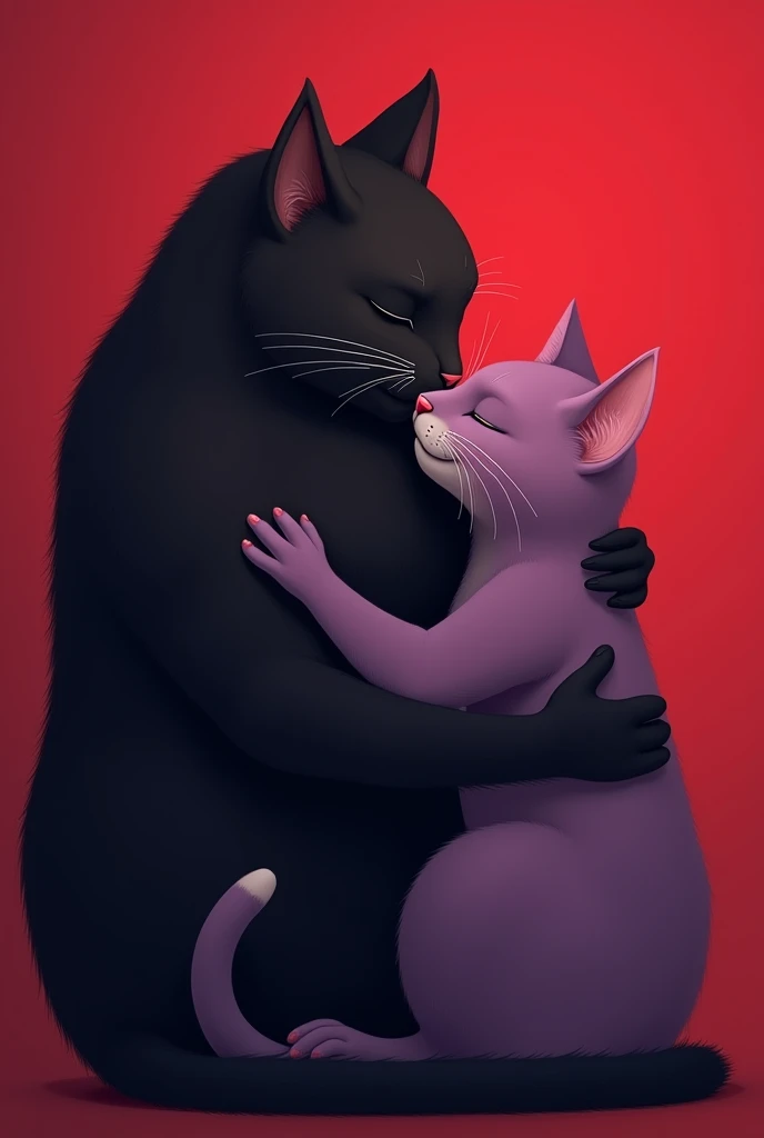 Red background, black male cat hug purple female cat ,eye close sweet soft smile ,face front side