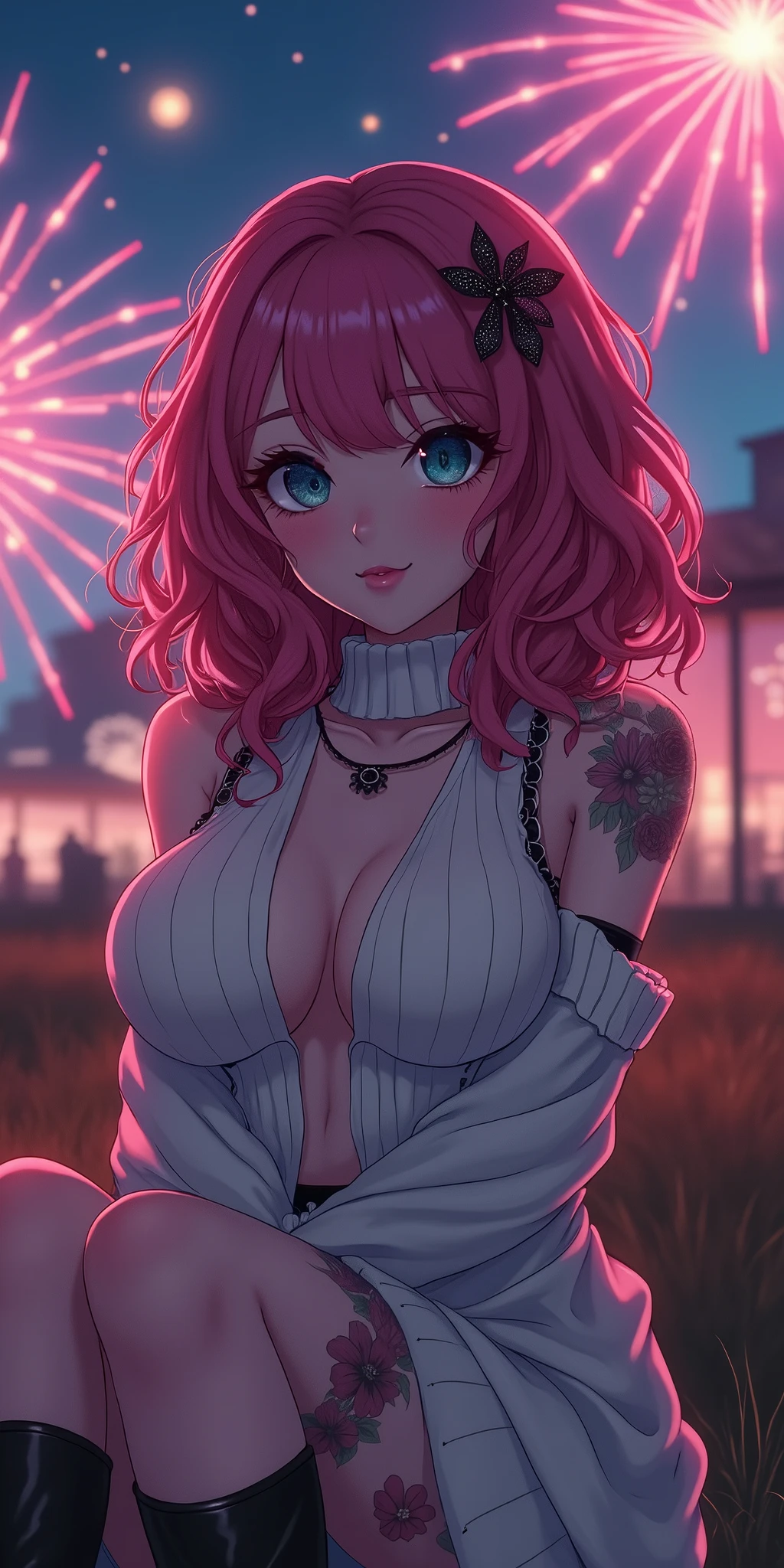 (best quality, ultra-detailed, photorealistic: 1.39), bright and vibrant colors, studio lighting, romantic expression, An effeminate girl, with a delicate and beautiful face. She is a girl who reflects seductive beauty, sparkling eyes, A Beautiful and adult tattooed woman and voluminous curly dark gothic pink hair, hair clip, crying a seductive 2 woman with  seduces, matches the gothic makeup, with her large breasts sedurtleneck sweater, white wool, sleeveless, beautiful sweater dress, sitting, with beautiful legs, ankle boots, with her blue eyes that matches her soft smile, black gothic style, in a beautiful pose demonstrating her seduction on the in the park at night, beautiful event gothic style decoration with lights and fireworks, night with soft lighting, anime style, like a manwha character