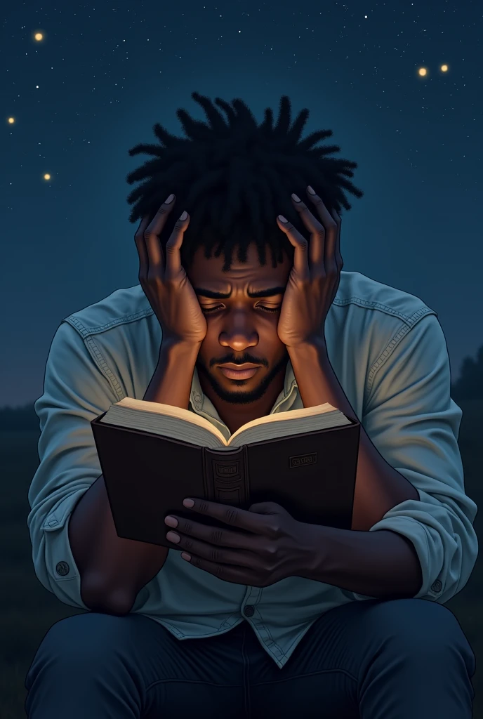 young black man, sitting crying with his hands on his head, and in one hand a bible, and a starry sky