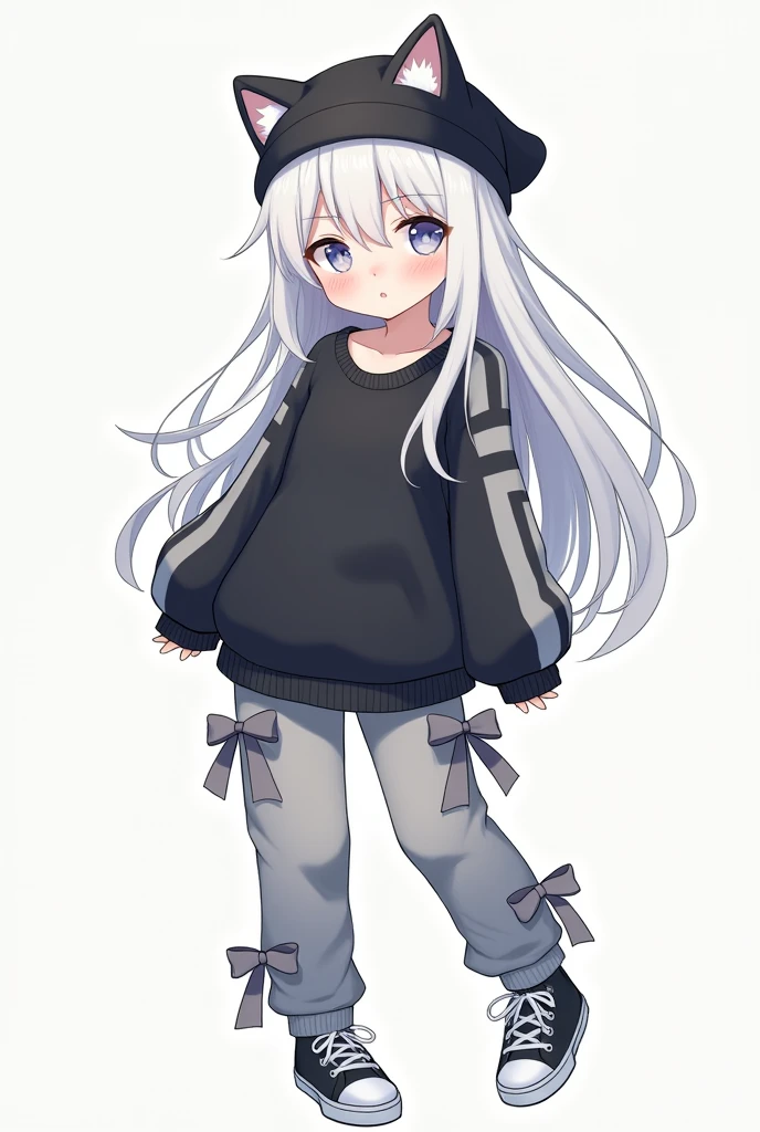An anime girl with long white hair with a little black hair wearing a black cat hat ,with a long sleeve of grey and black stripes with a black sweatshirt that fits him loosely and grey pants with grey bows on the sides , and some grey tennis shoes 