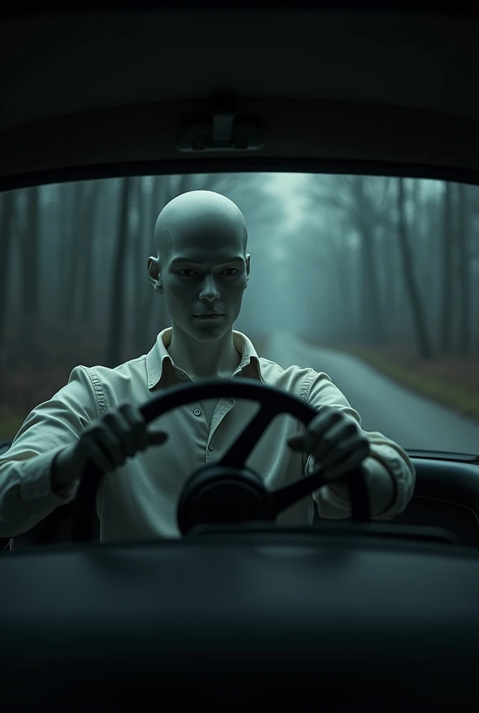 A white male mannequin driving a car, scary image