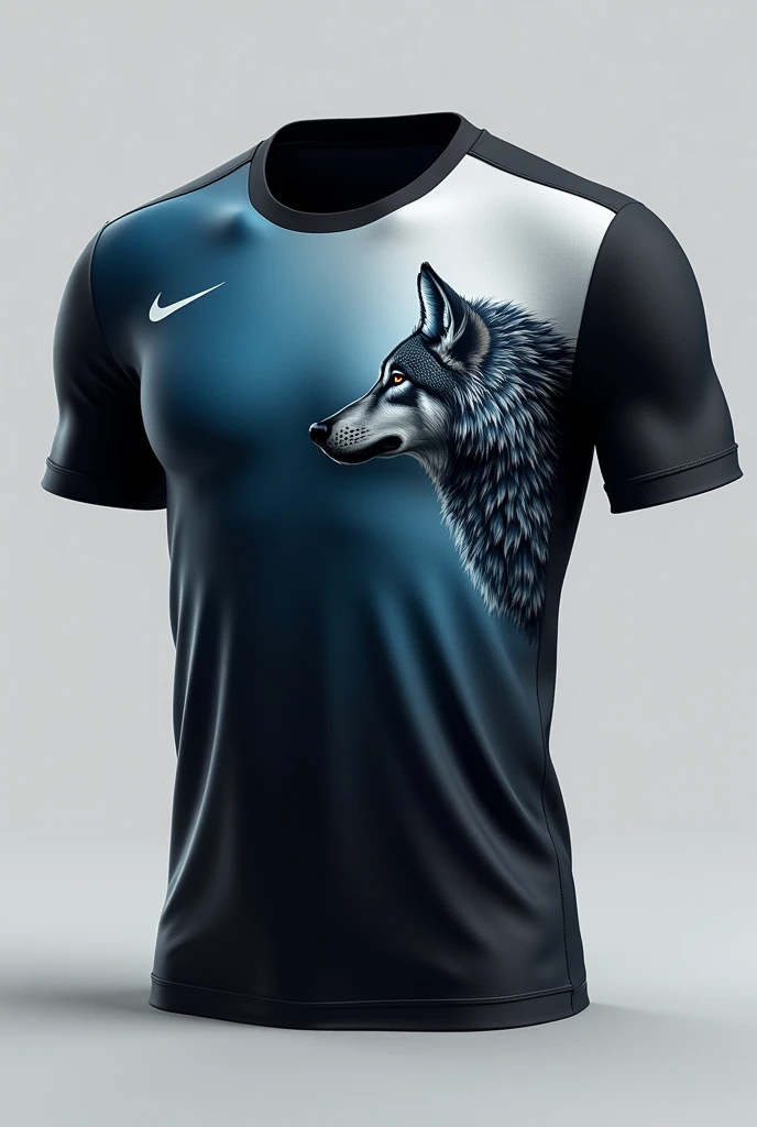 Make a front vector (just the blouse) black men's team with blue gradient from the hem of the shirt to the middle. Place a maned wolf vector on the left side of the shirt. Use interclass blouses as inspiration.
