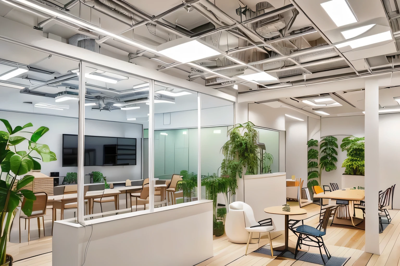 (Highest quality,8K quality,masterpiece:1.3,),(Ultra-high resolution:1.3,Realistic:1.4,RAW Photos:1.2)There is a room with a table, chairs and plants., Open space work area