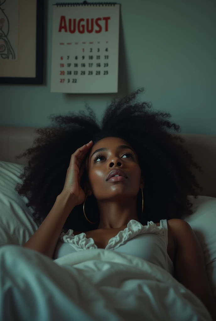 Make a black girl from afar laying in bed, staring at the roof with tears in her face and touching her head, realistic picture, full body, with a calendar august on the wall