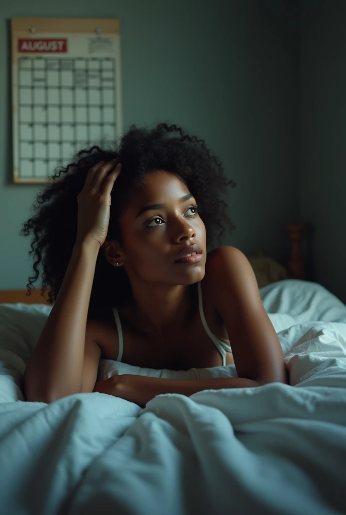 Make a black girl from afar laying in bed, staring at the roof with tears in her face and touching her head, realistic picture, full body, with a calendar august on the wall