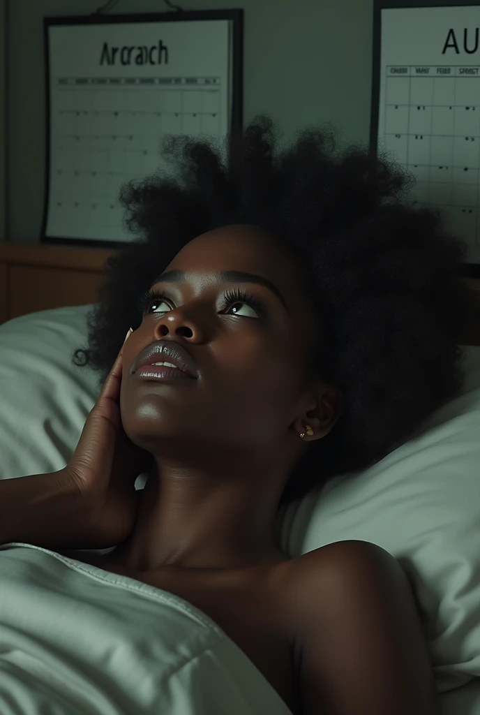 Make a black girl from afar laying in bed, staring at the roof with tears in her face and touching her head, realistic picture, full body, with a calendar august on the wall