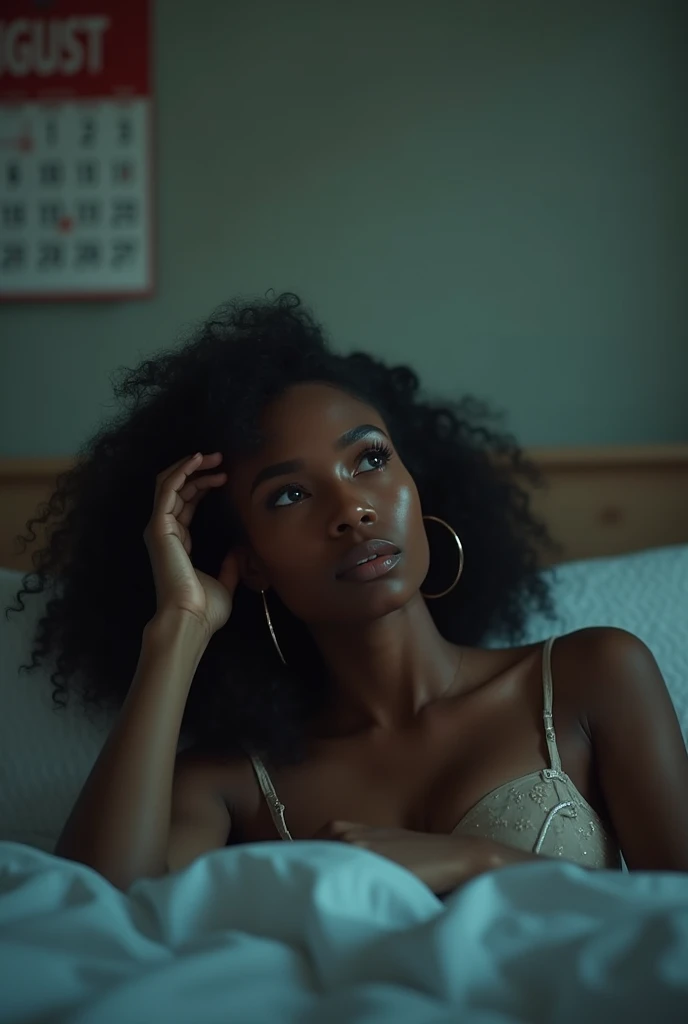 Make a black girl from afar laying in bed, staring at the roof with tears in her face and touching her head, realistic picture, full body, with a calendar august on the wall