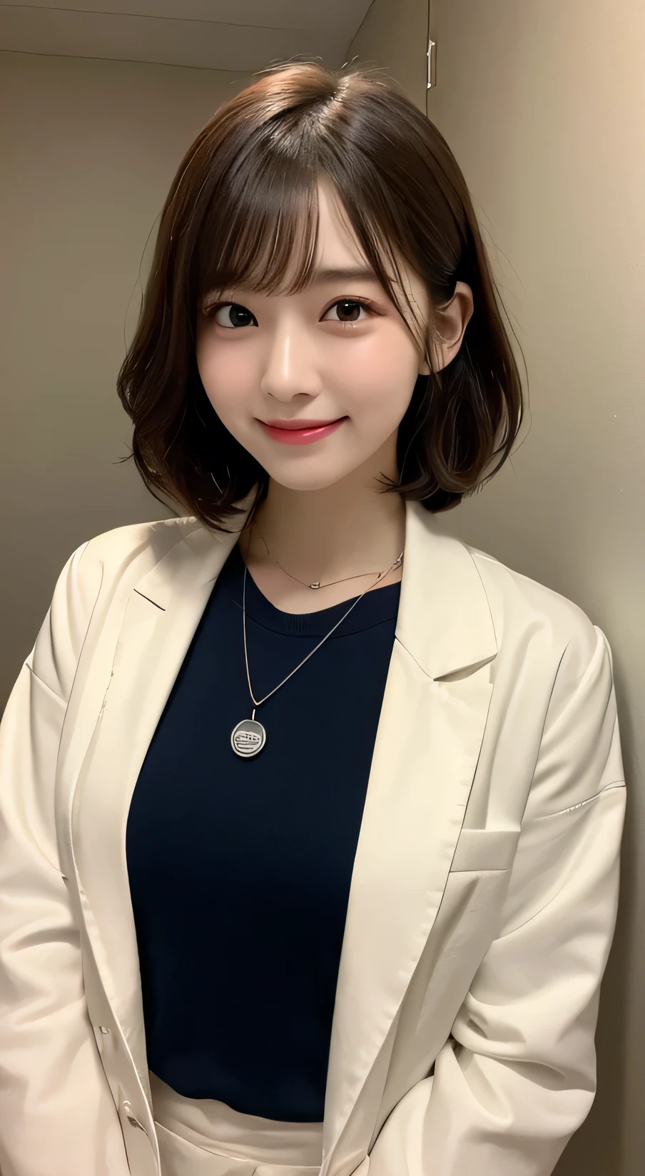 whole body, Highest quality, figure, Very detailed, In detail, High resolution, 8k wallpaper, Perfect dynamic composition, Beautiful attention to detail,Wavy Hair、 (short hair)、Small breasts, doctor coat、smile、cute、happy、sexy shot looking at camera,Perfect and beautiful face,24-years-old、Health Insurance Doctor、smile、Simple Necklace、Health Room、bed