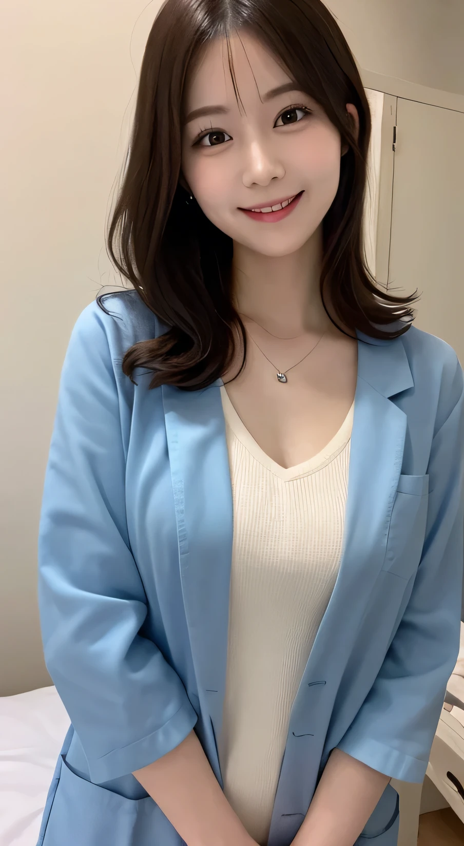 whole body, Highest quality, figure, Very detailed, In detail, High resolution, 8k wallpaper, Perfect dynamic composition, Beautiful attention to detail,Wavy Hair、 (short hair)、Small breasts, doctor coat、smile、cute、happy、sexy shot looking at camera,Perfect and beautiful face,24-years-old、Health Insurance Doctor、smile、Simple Necklace、Health Room、bed