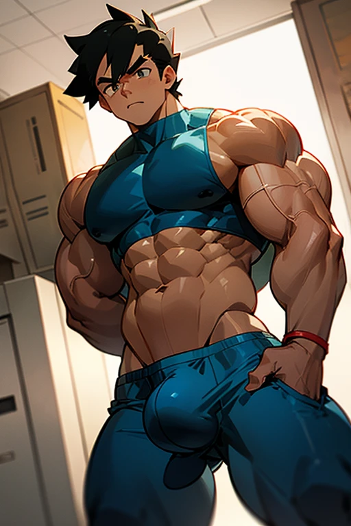 Ash Ketchum from Pokémon anime as a big dumb muscular bodybuilder jock in a locker room flexing and staring blankly as his eyes glow red under hypnosis with his mouth hanging open as he repeats, "Bigger... Dumber.... Must obey.... More like a jock bro every day.... Yes, Coach. I obey. Huhuhuhuh...." in a deep mindless emotionless voice with his fellow hypnotized jocks to forget about Pokémon training and focus instead on training his own body and obeying his coach. Hyper swollen bulging crotch. Hyper muscles. Toned muscles. 5% body fat. Big biceps. Big triceps. Broad shoulders. Big traps. Big lats. Big meaty pecs. Massive deltoids. Six-pack abs. Spherical glutes. Brainwashing. Hypnosis. Hypnotized. Bro. IQ drain. Dumber and dumber. Meathead. Musclehead. Mindless. Hypno. Mind control. Brain drain. Entranced.