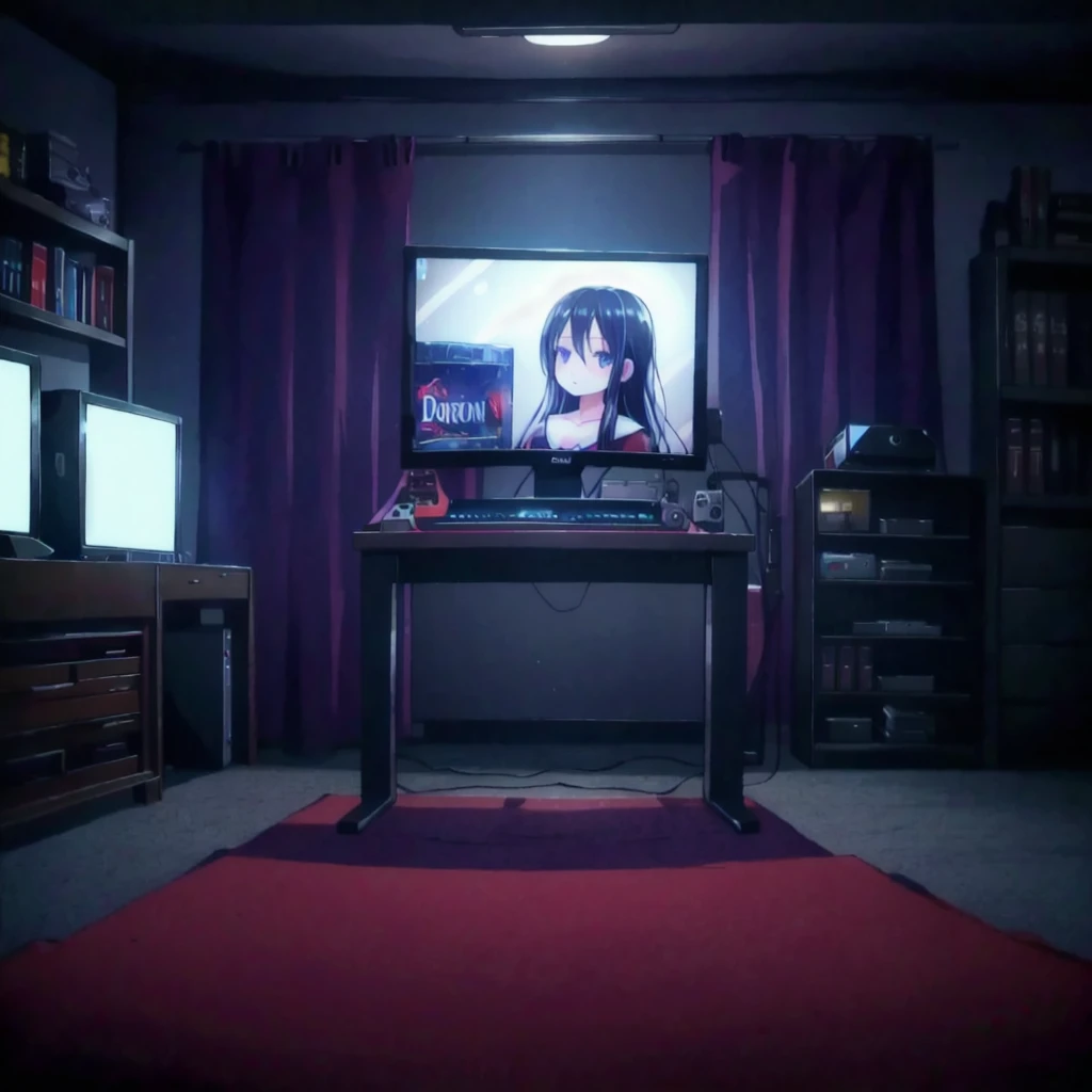 Dark room，computers，game console，TV，Little Lori，Playing video games